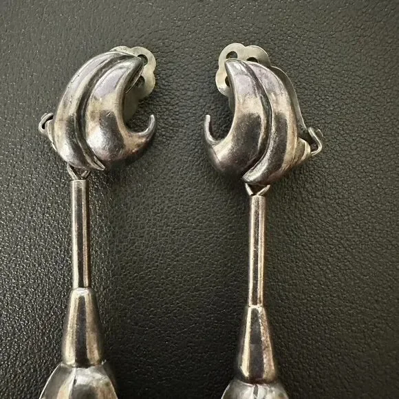 Antonio Pineda Taxco Mexico 970 Silver Flower floral Drop Clip Earrings